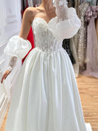 Luxury White Off Shoulder Beaded Basque Corset Puff Sleeve Dress HA2538
