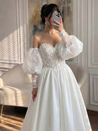 Luxury White Off Shoulder Beaded Basque Corset Puff Sleeve Dress HA2538