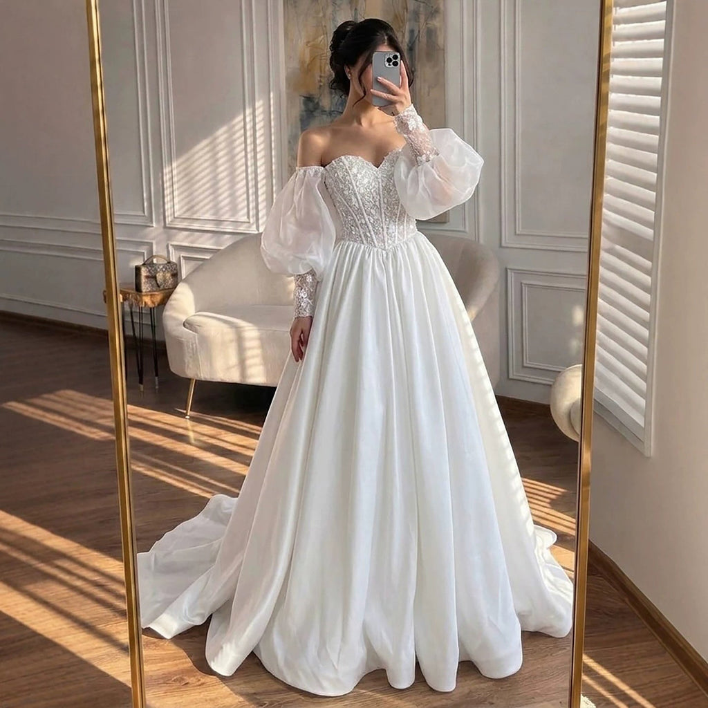 Luxury White Off Shoulder Beaded Basque Corset Puff Sleeve Dress HA2538
