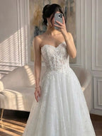 Luxury White Lace Strapless A-Line Bridal Wedding Dress HA2539