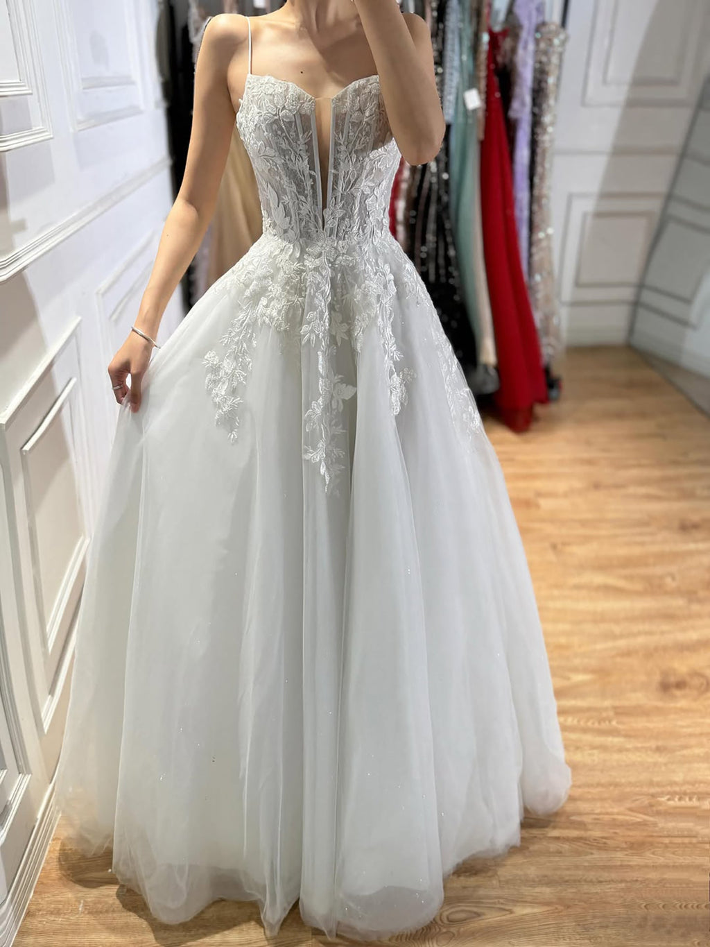 Luxury White Lace Spaghetti Straps Deep V-Neck Wedding Dress HA2540