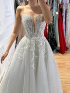 Luxury White Lace Spaghetti Straps Deep V-Neck Wedding Dress HA2540