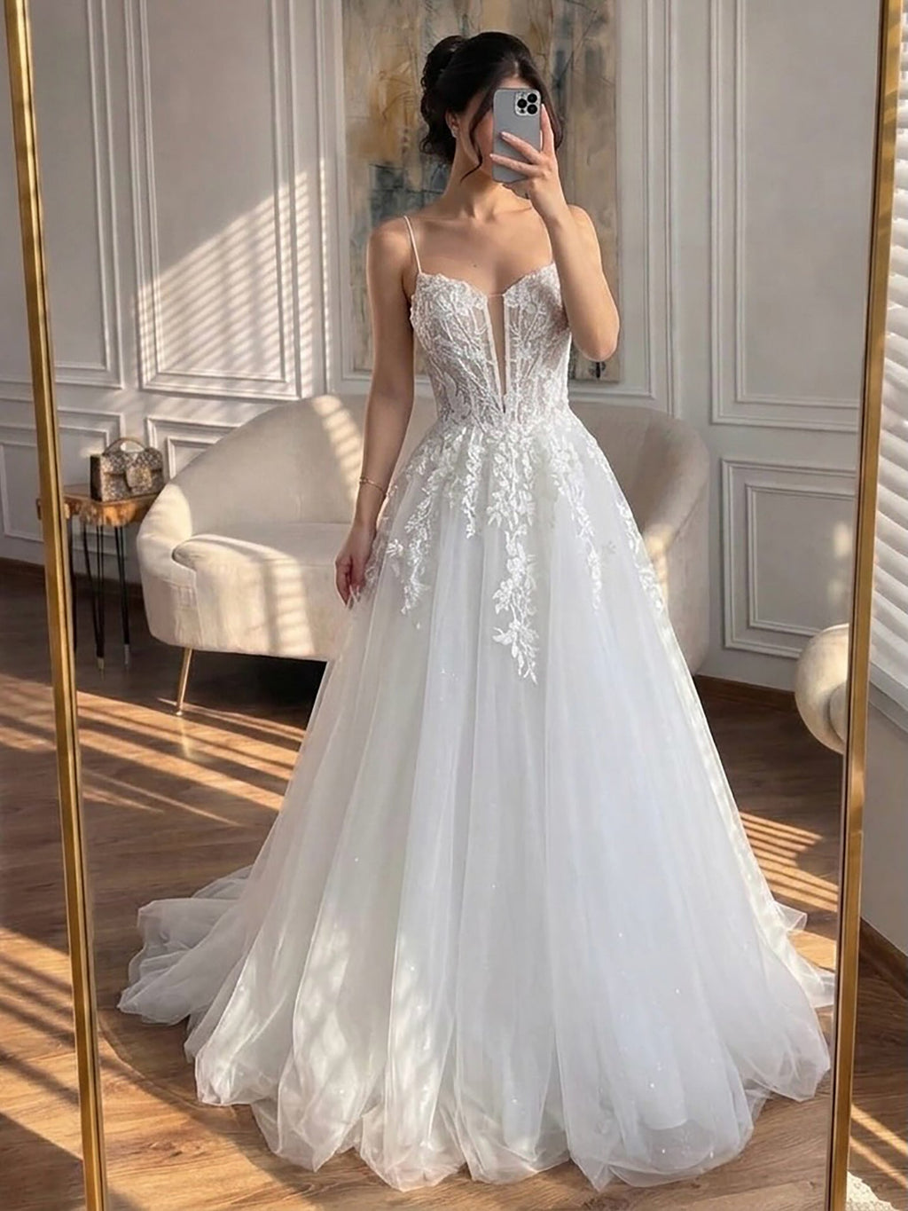 Luxury White Lace Spaghetti Straps Deep V-Neck Wedding Dress HA2540