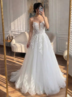 Luxury White Lace Spaghetti Straps Deep V-Neck Wedding Dress HA2540