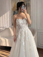 Luxury White Lace Strapless 3D Floral Pearl A-Line Wedding Dress HA2542
