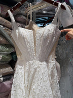 Luxury White Lace Square Neck Deep V Cutout A-Line Wedding Dress HA2543
