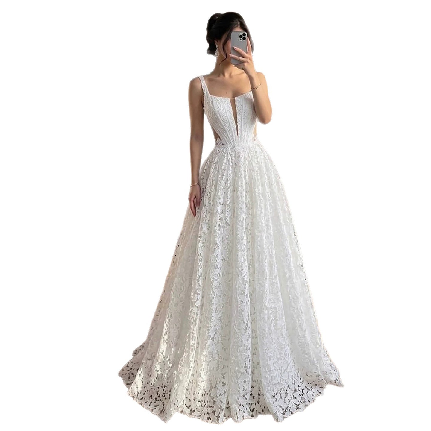 Luxury White Lace Square Neck Deep V Cutout A-Line Wedding Dress HA2543
