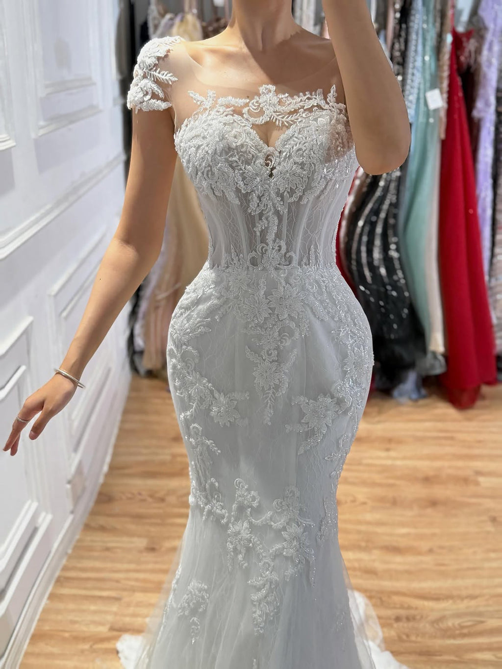 Luxury White Beaded Lace Mermaid Bridal Wedding Dress HA2544