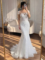 Luxury White Beaded Lace Mermaid Bridal Wedding Dress HA2544