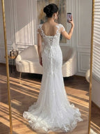 Luxury White Beaded Lace Mermaid Bridal Wedding Dress HA2544