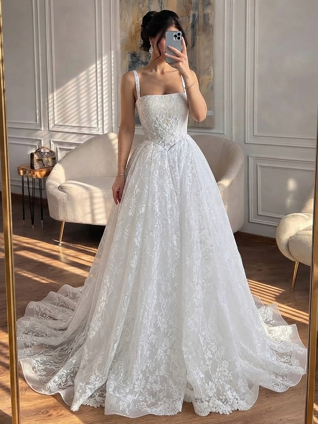 Luxury White Floral Lace A Line Wedding Dress HA2548