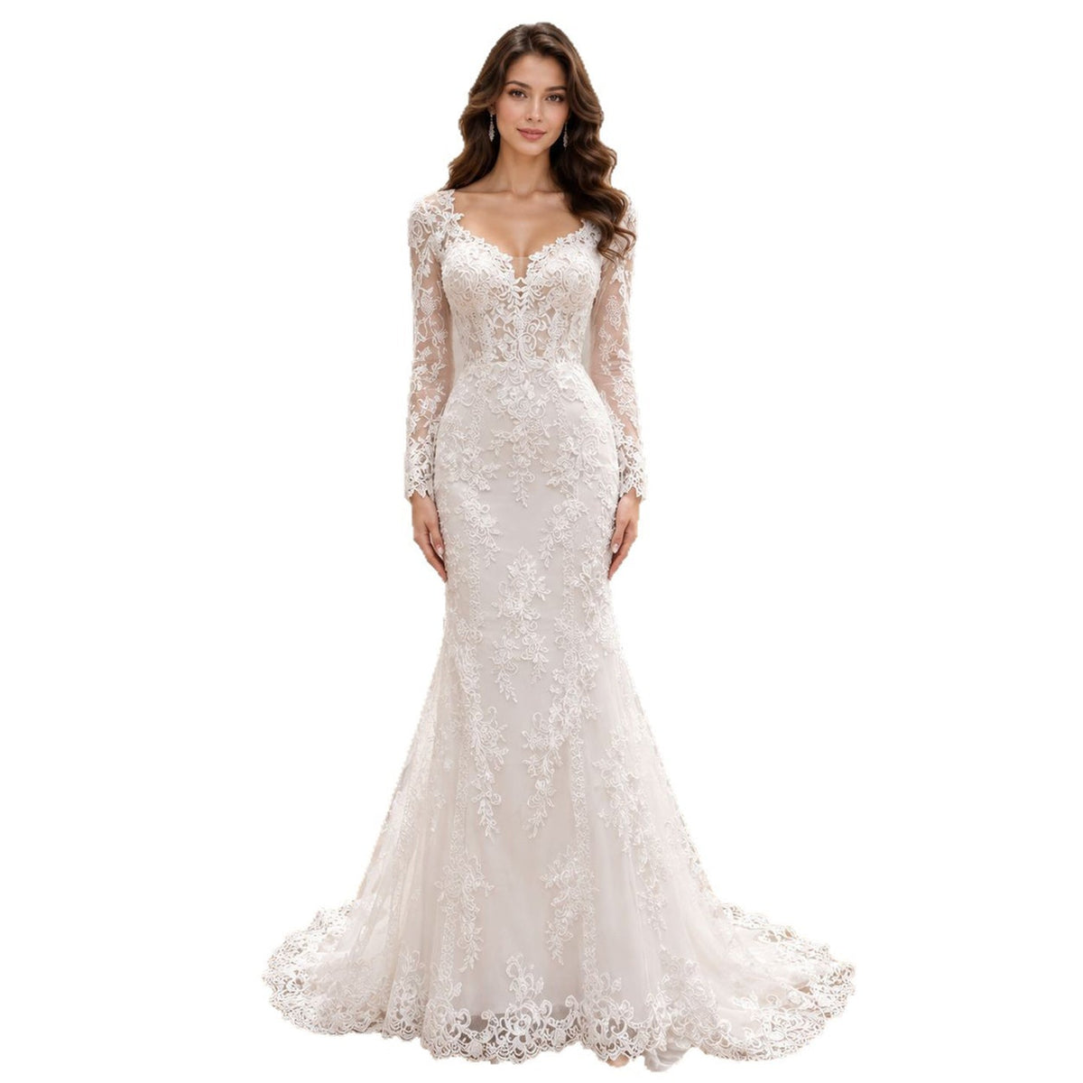 Elegant White Floral Lace Long Sleeve Mermaid Wedding Dress HA2559