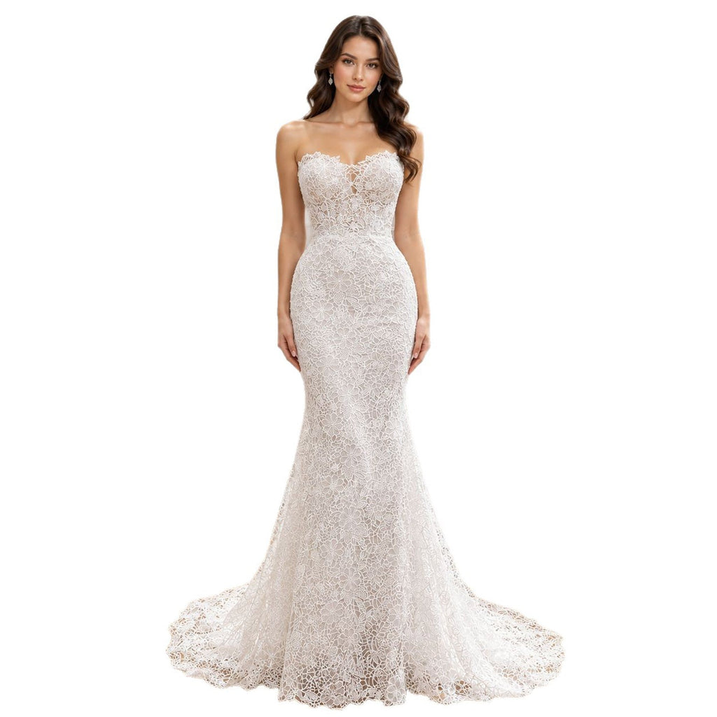 Elegant White Strapless Lace Mermaid Wedding Dress HA2560