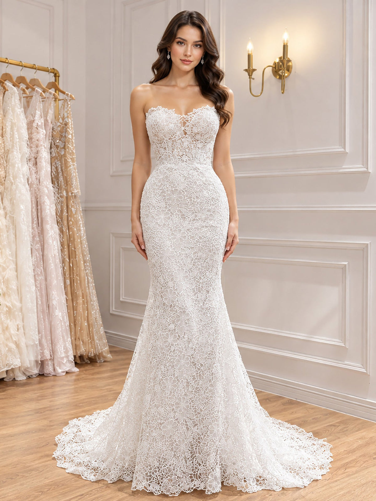 Elegant White Strapless Lace Mermaid Wedding Dress HA2560