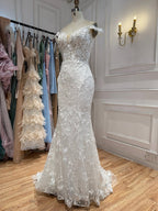 Elegant White Lace Off Shoulder Mermaid Wedding Dress HA2564