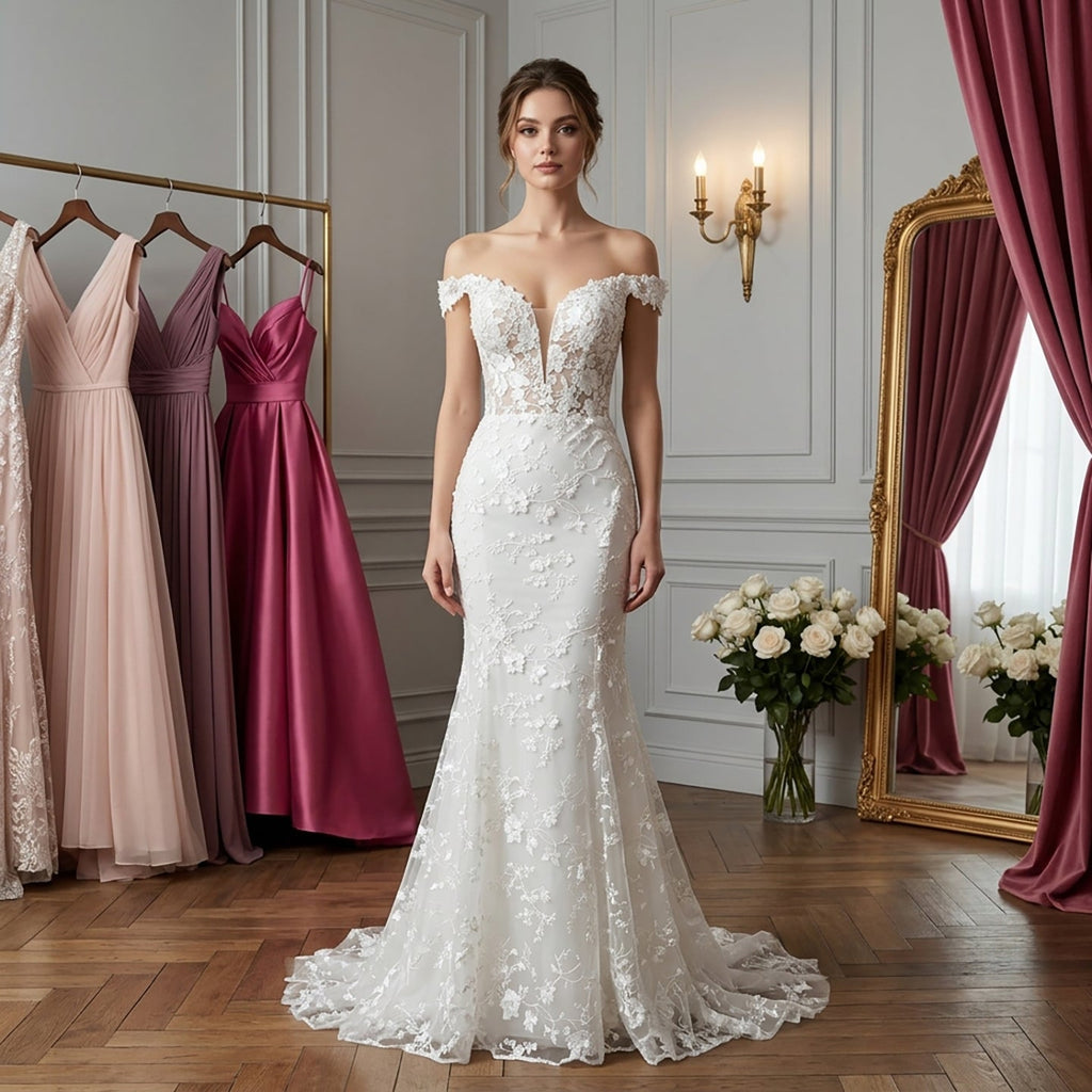 Elegant White Lace Off Shoulder Mermaid Wedding Dress HA2564