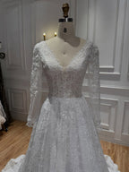 Elegant White Lace Long Sleeve V Neck Wedding Dress HA2581