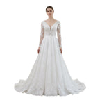 Elegant White Lace Long Sleeve V Neck Wedding Dress HA2581