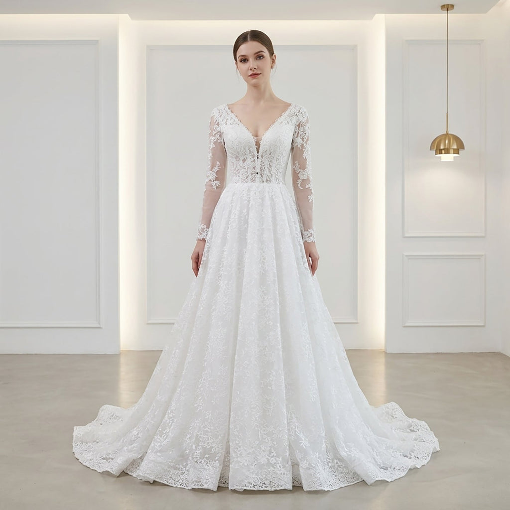 Elegant White Lace Long Sleeve V Neck Wedding Dress HA2581