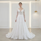 Elegant White Lace Long Sleeve V Neck Wedding Dress HA2581