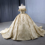 Luxury Gold Off-Shoulder Pearls Beaded Ball Gown HM231147