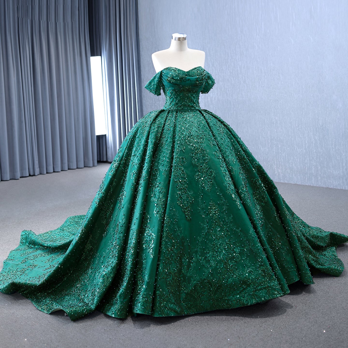 Luxury Gold Off-Shoulder Pearls Beaded Ball Gown HM231147