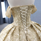 Luxury Gold Off-Shoulder Pearls Beaded Ball Gown HM231147