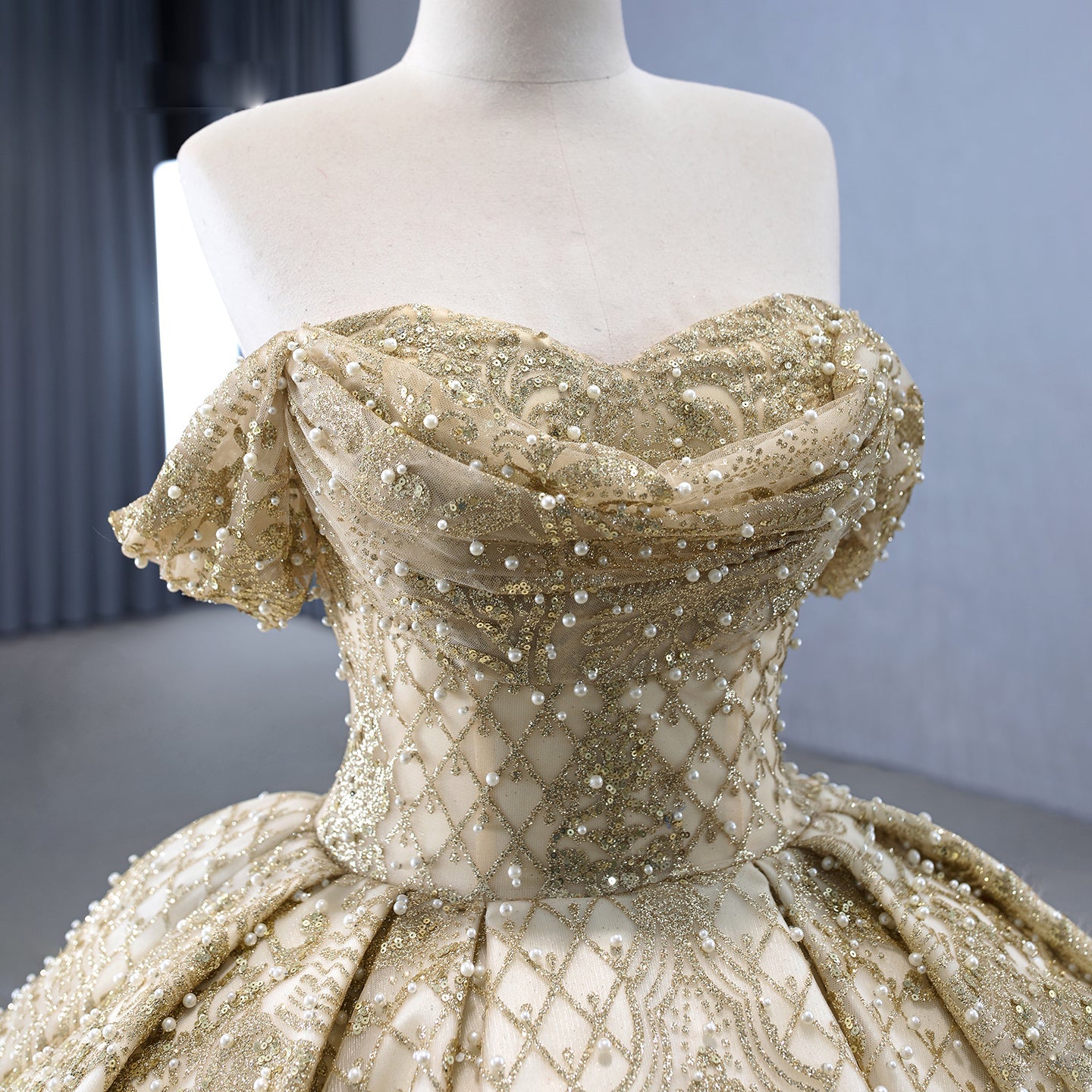 Luxury Gold Off-Shoulder Pearls Beaded Ball Gown HM231147