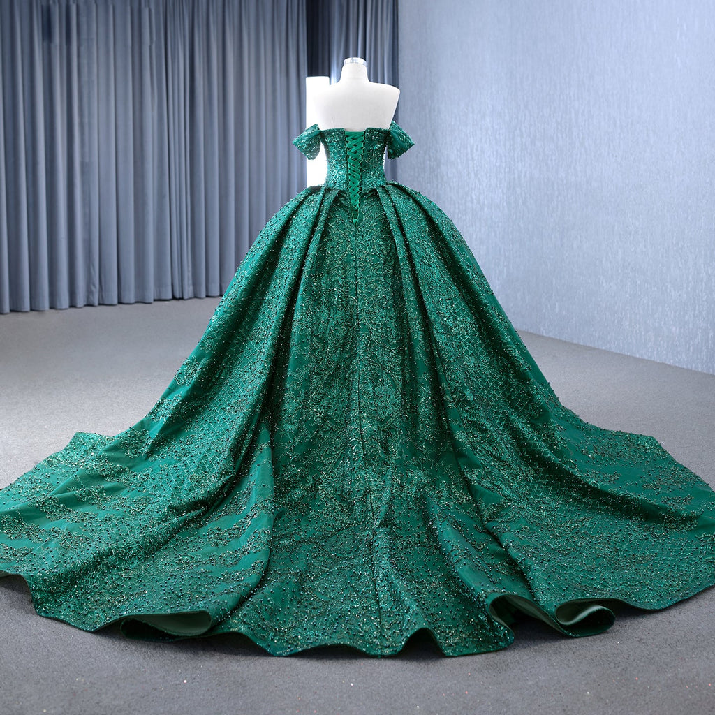Luxury Gold Off-Shoulder Pearls Beaded Ball Gown HM231147