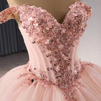 Luxury Blush Pink Strapless Floral Beaded Ball Gown HM241071
