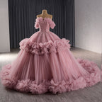 Luxury Blush Pink Off Shoulder Ruffle Tulle Ball Gown HM241098