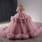 Luxury Blush Pink Off Shoulder Ruffle Tulle Ball Gown HM241098