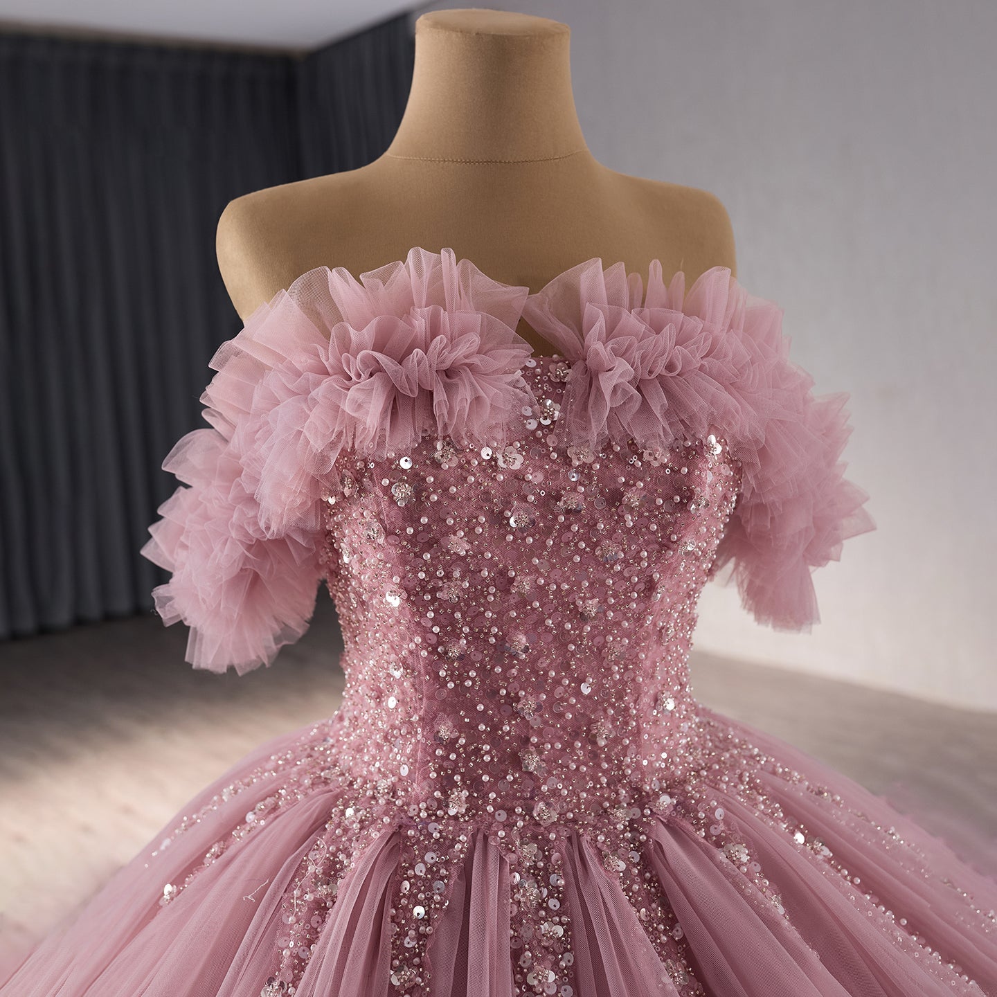 Luxury Blush Pink Off Shoulder Ruffle Tulle Ball Gown HM241098