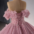 Luxury Blush Pink Off Shoulder Ruffle Tulle Ball Gown HM241098