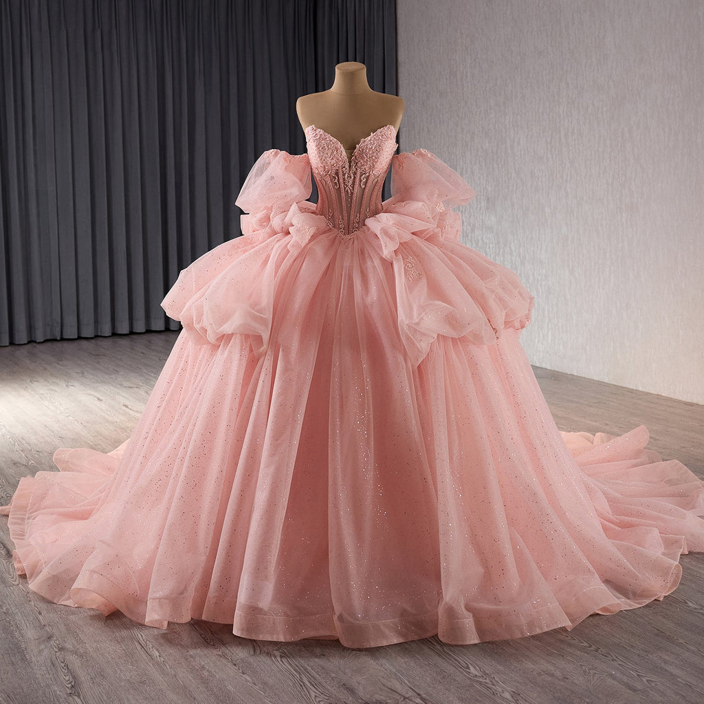 Luxury Nude Pink Off-Shoulder Glitter Beaded Ball Gown HM241101