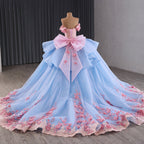 Luxury Blue Pink Off-Shoulder Bow Floral Beaded Ball Gown HM241110B