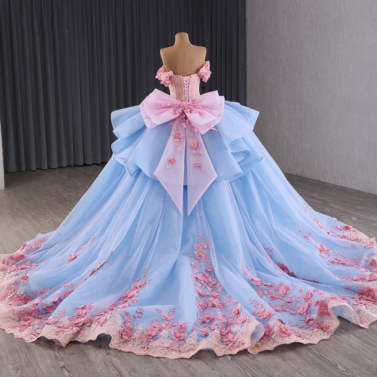 Luxury Blue Pink Off-Shoulder Bow Floral Beaded Ball Gown HM241110B