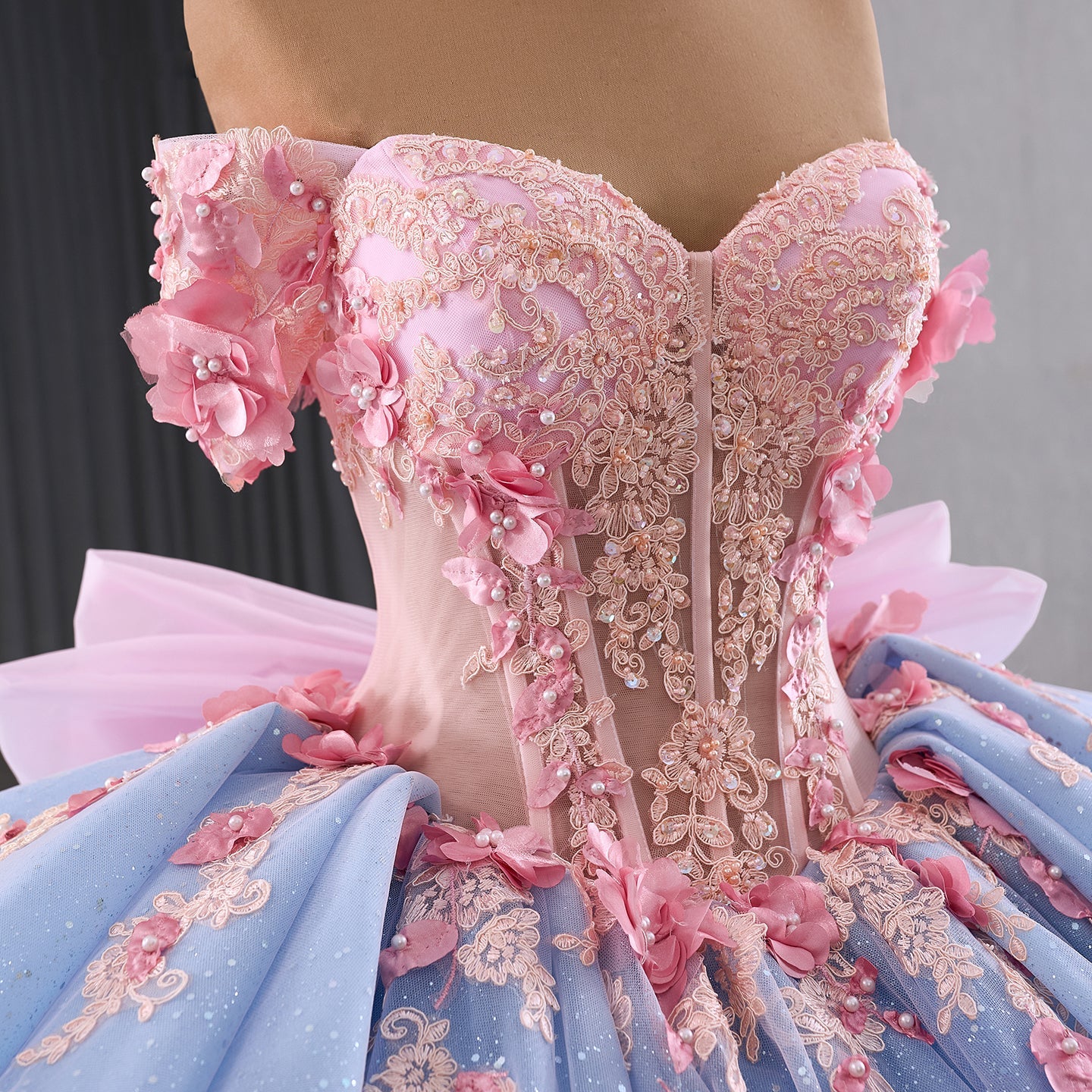 Luxury Blue Pink Off-Shoulder Bow Floral Beaded Ball Gown HM241110B