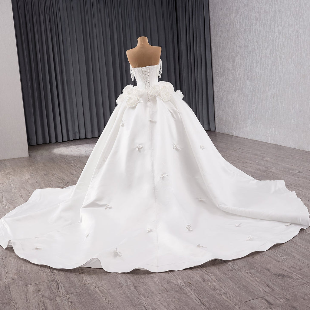Luxury White Pearl Beaded 3D Floral Off-Shoulder Wedding Dress HM241140