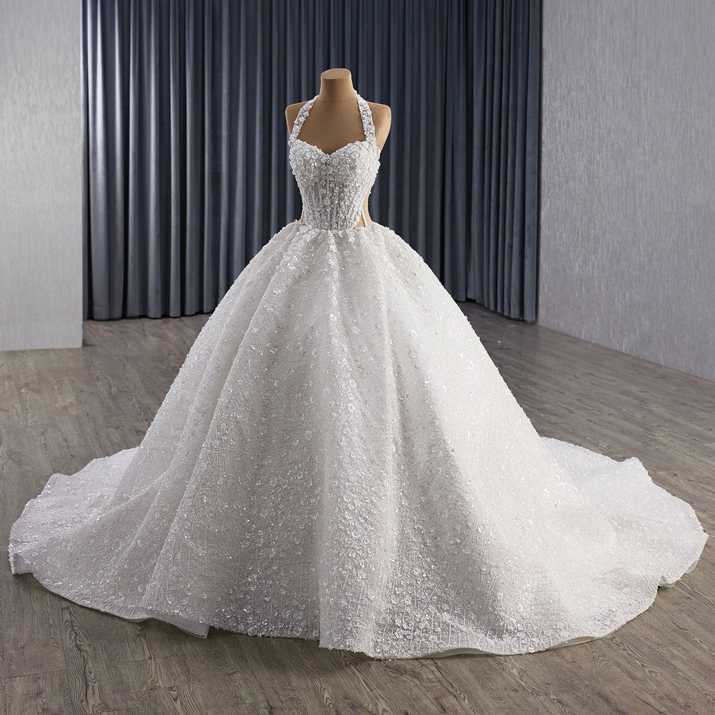 Luxury White Halter Floral Appliques Ball Gown Wedding Dress HM251085