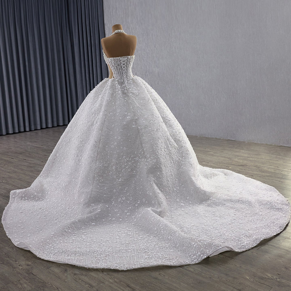 Luxury White Halter Floral Appliques Ball Gown Wedding Dress HM251085