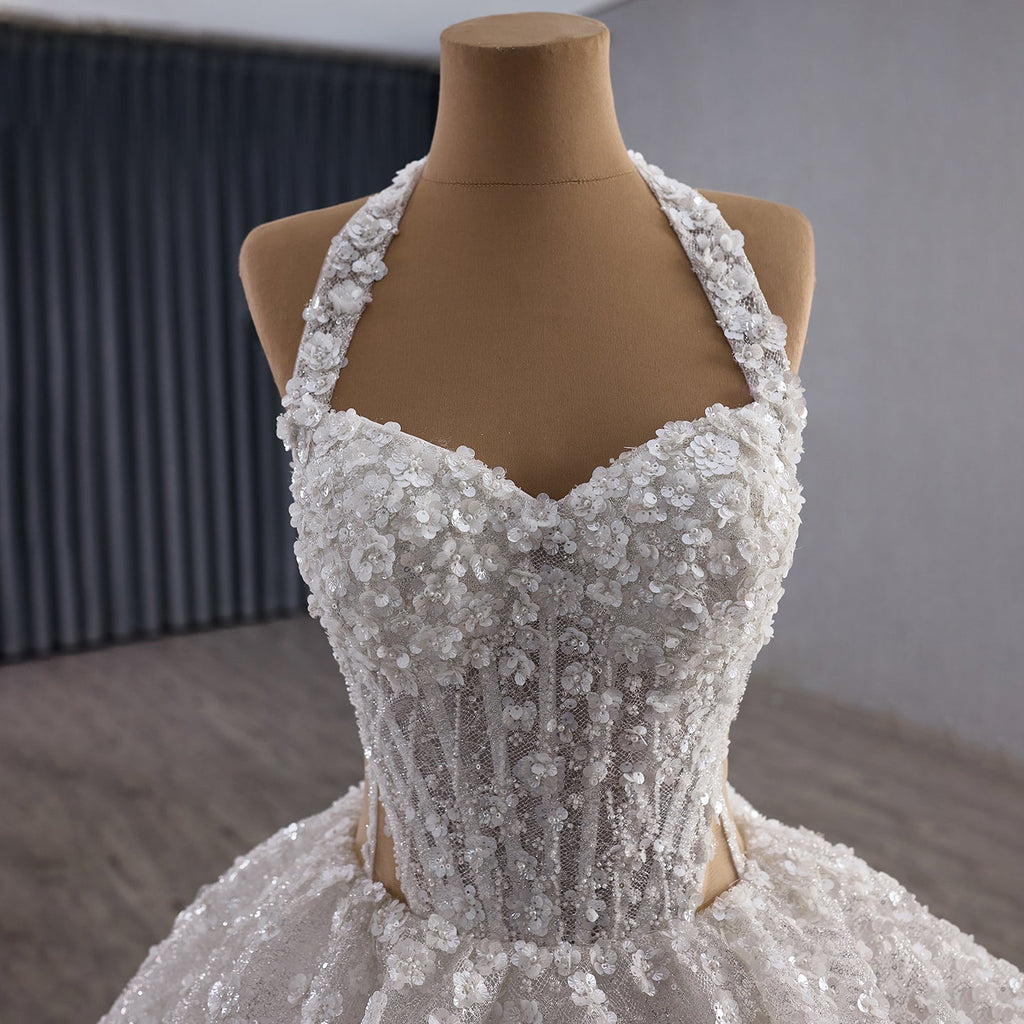 Luxury White Halter Floral Appliques Ball Gown Wedding Dress HM251085
