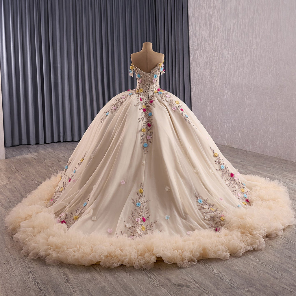 Luxury Nude Off-Shoulder Floral 3D Appliques Ball Gown HM251088