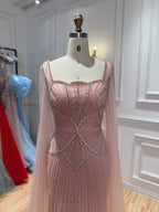 Luxury Beige Square Neck Crystal Beaded Mermaid Gown with Sheer Tulle Cape Sleeves CLA73333B
