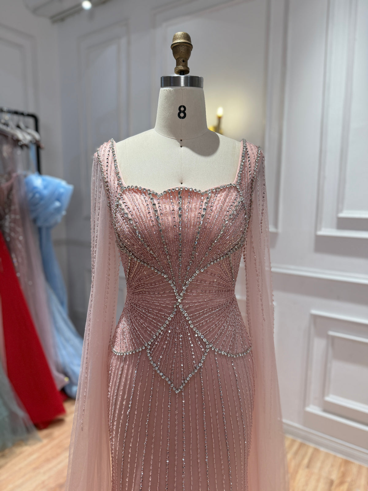 Luxury Beige Square Neck Crystal Beaded Mermaid Gown with Sheer Tulle Cape Sleeves CLA73333B