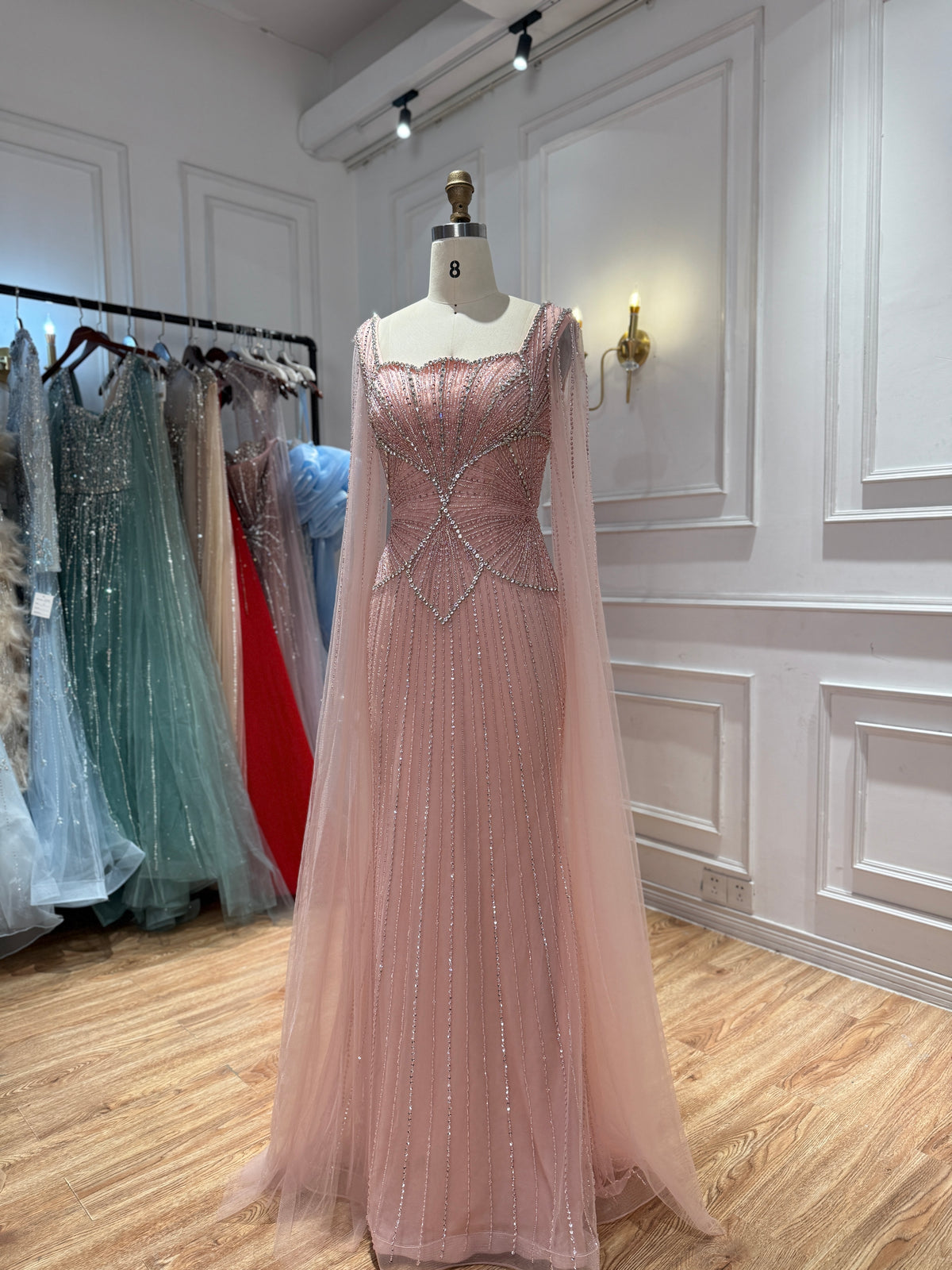 Luxury Beige Square Neck Crystal Beaded Mermaid Gown with Sheer Tulle Cape Sleeves CLA73333B