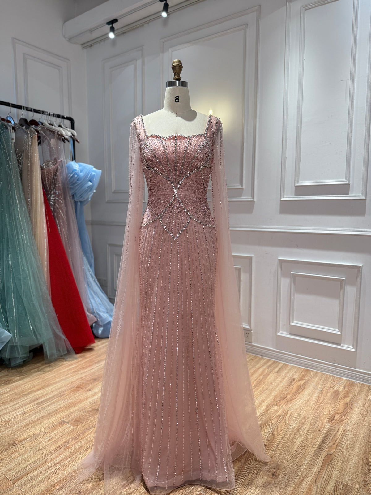 Luxury Beige Square Neck Crystal Beaded Mermaid Gown with Sheer Tulle Cape Sleeves CLA73333B