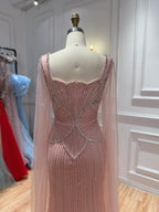 Luxury Beige Square Neck Crystal Beaded Mermaid Gown with Sheer Tulle Cape Sleeves CLA73333B