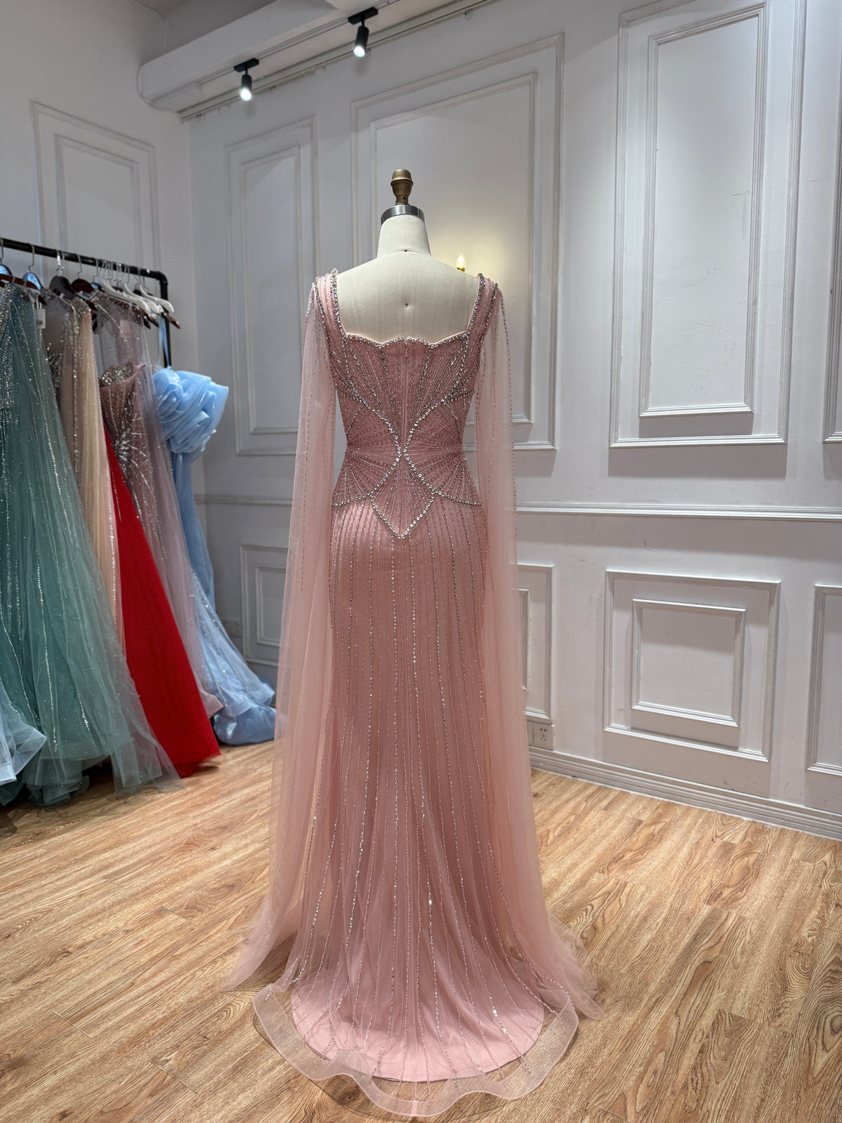 Luxury Beige Square Neck Crystal Beaded Mermaid Gown with Sheer Tulle Cape Sleeves CLA73333B