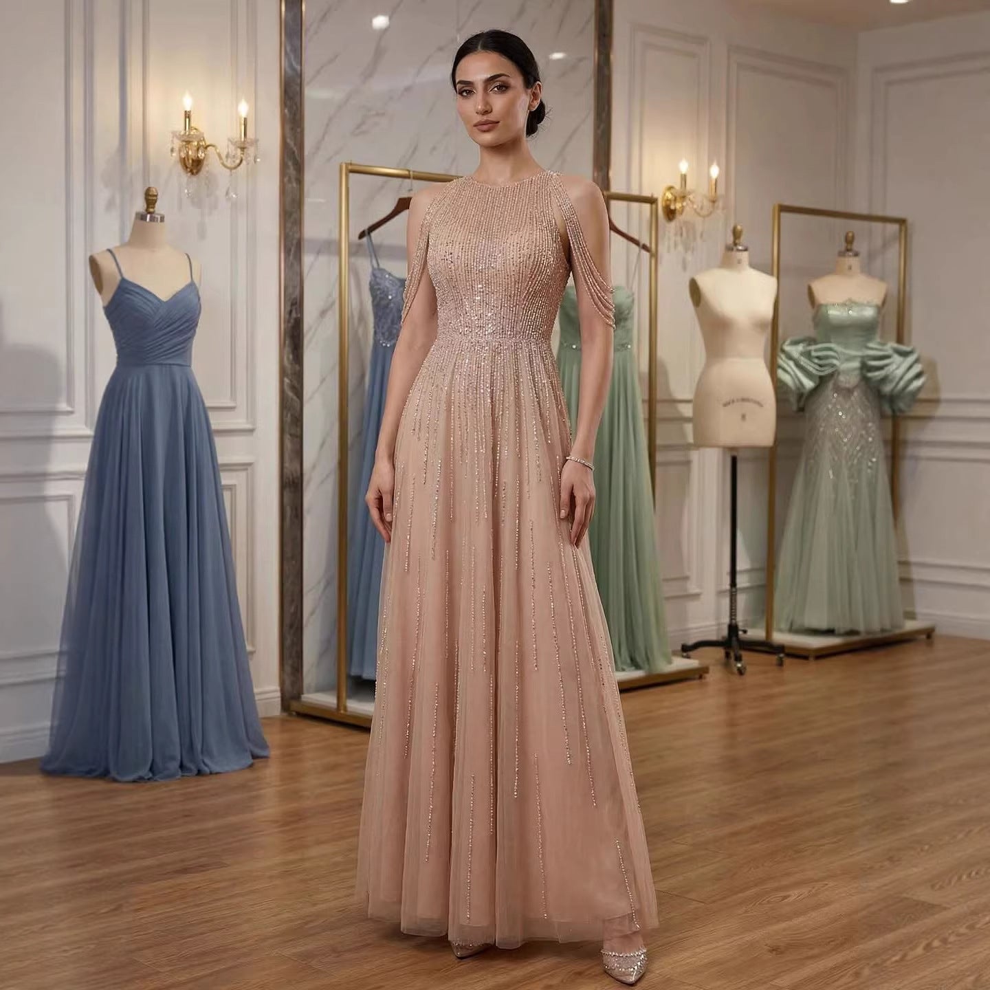Luxury Pink Beaded Tassel A-Line Evening Dress CLA70266